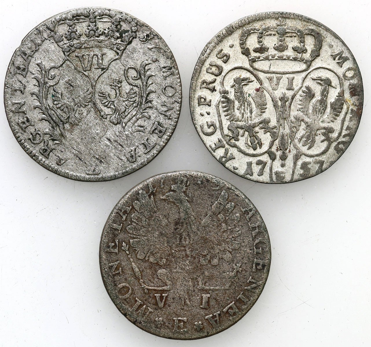 Niemcy, Prusy. Fryderyk II (1740–1786). Szóstak 1757 B, Wrocław i Królewiec, zestaw 3 monet